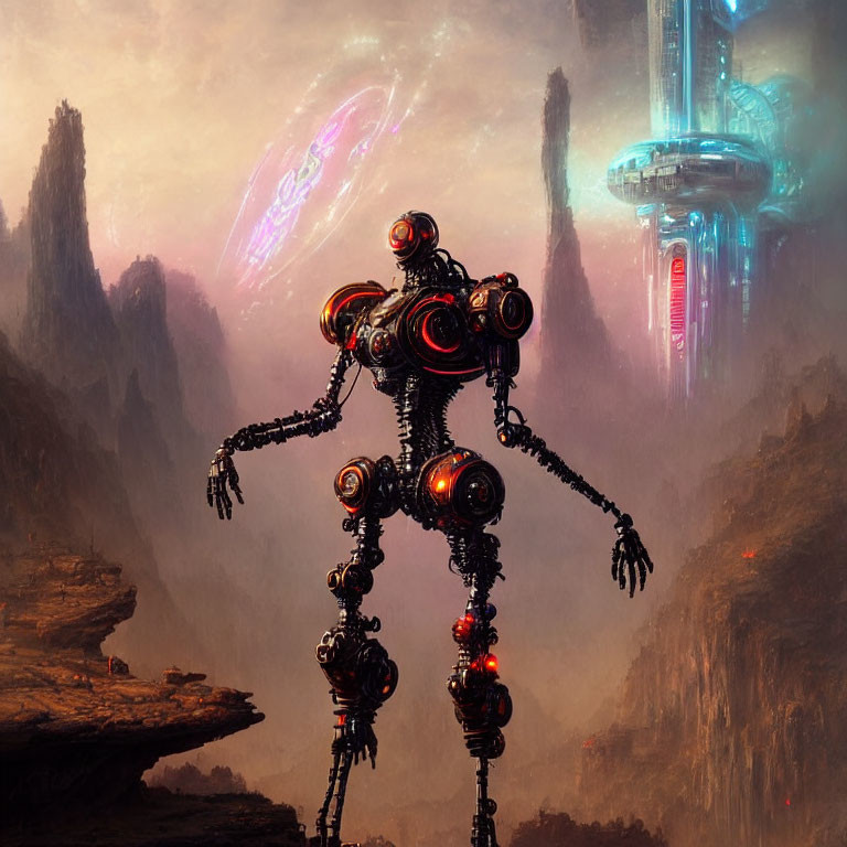 Intricate large robot in alien landscape with red circles