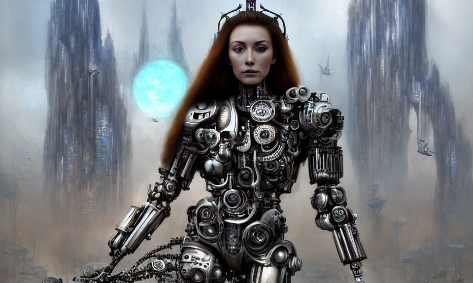 Female Android with Intricate Mechanical Details and Glowing Blue Orb in Futuristic Cityscape