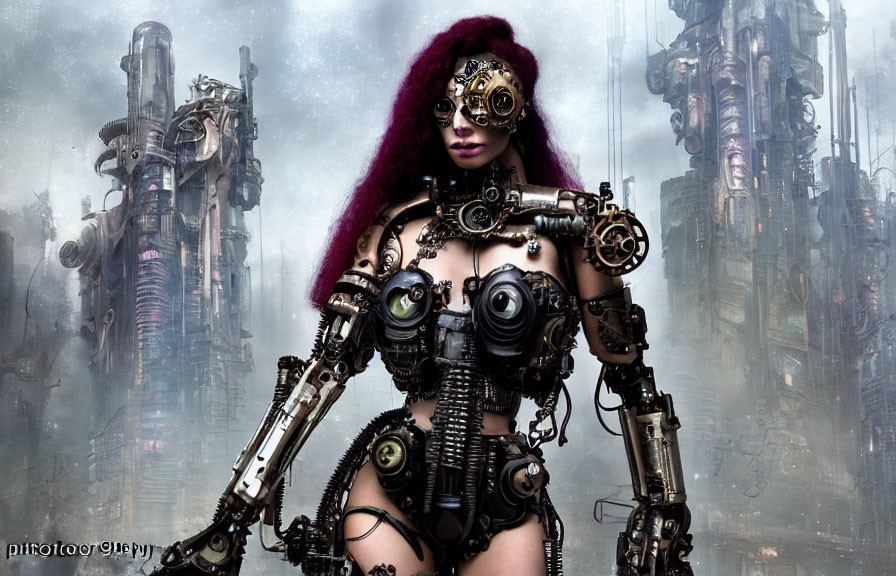Steampunk cyborg woman in intricate attire against industrial backdrop