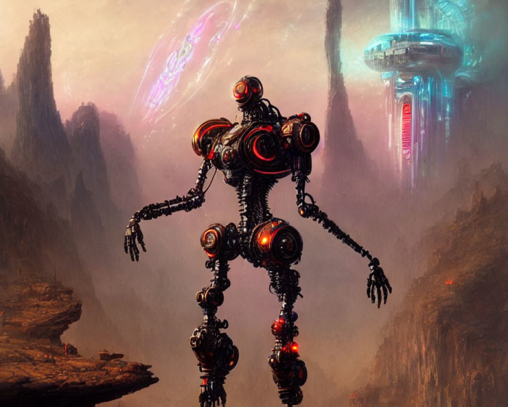 Intricate large robot in alien landscape with red circles