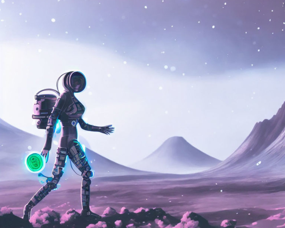 Futuristic astronaut explores purple alien landscape with glowing blue accents