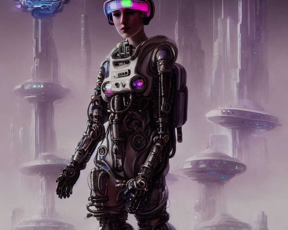 Intricate humanoid robot with glowing elements in futuristic sci-fi setting