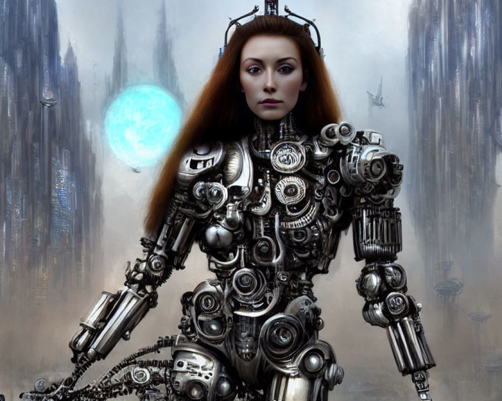 Female Android with Intricate Mechanical Details and Glowing Blue Orb in Futuristic Cityscape