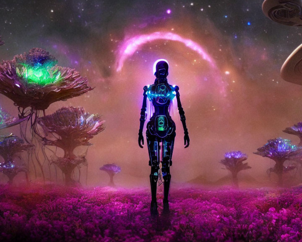 Humanoid Robot in Vibrant Alien Landscape with Glowing Plants and Spaceships