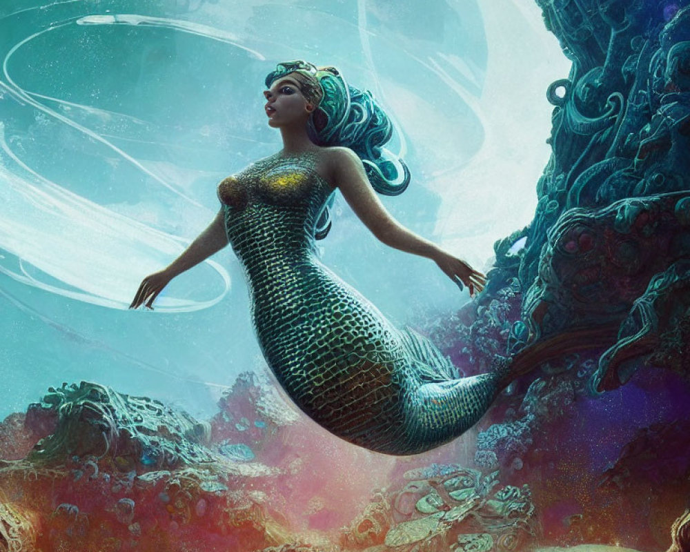 Intricate teal-haired mermaid swimming near vibrant coral with Saturn-like planets