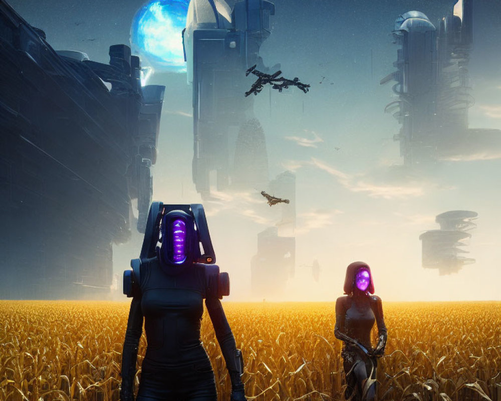 Futuristic figures with glowing masks in golden field with alien structures and blue planet