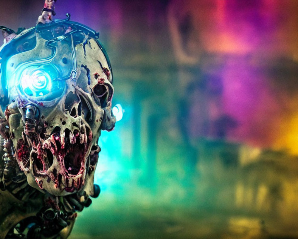 Detailed Robotic Skull with Glowing Blue Eyes on Colorful Background