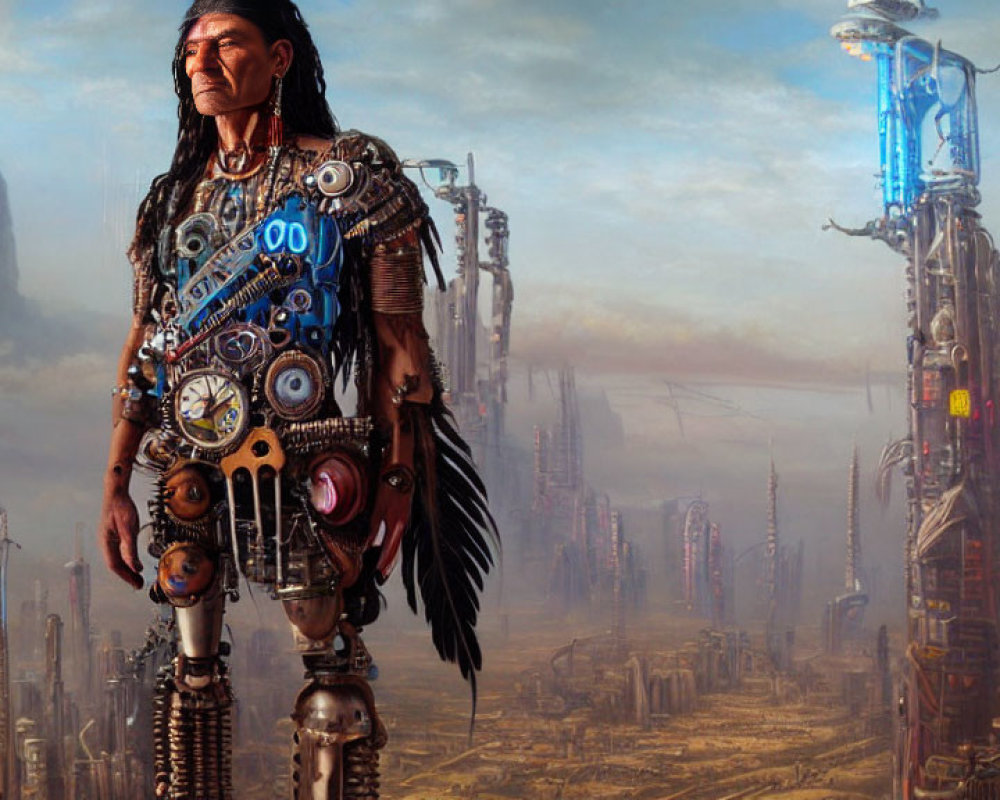 Native American figure with cybernetic enhancements in futuristic cityscape