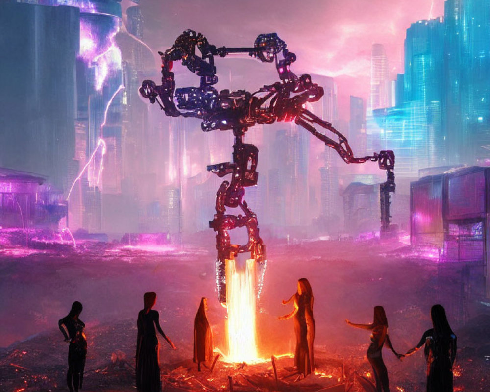 Futuristic cityscape at dusk with neon-lit figures and robotic forge
