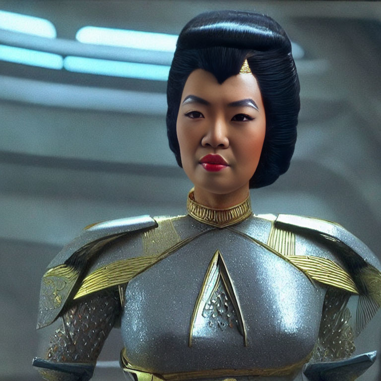 Elaborate Updo Hairstyle Woman in Futuristic Armor on Spaceship