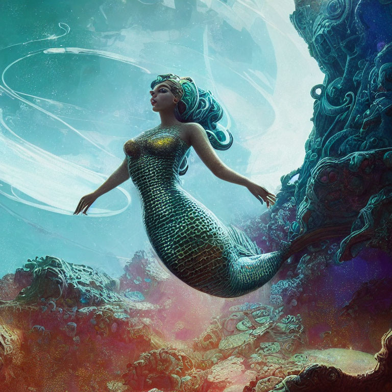 Intricate teal-haired mermaid swimming near vibrant coral with Saturn-like planets
