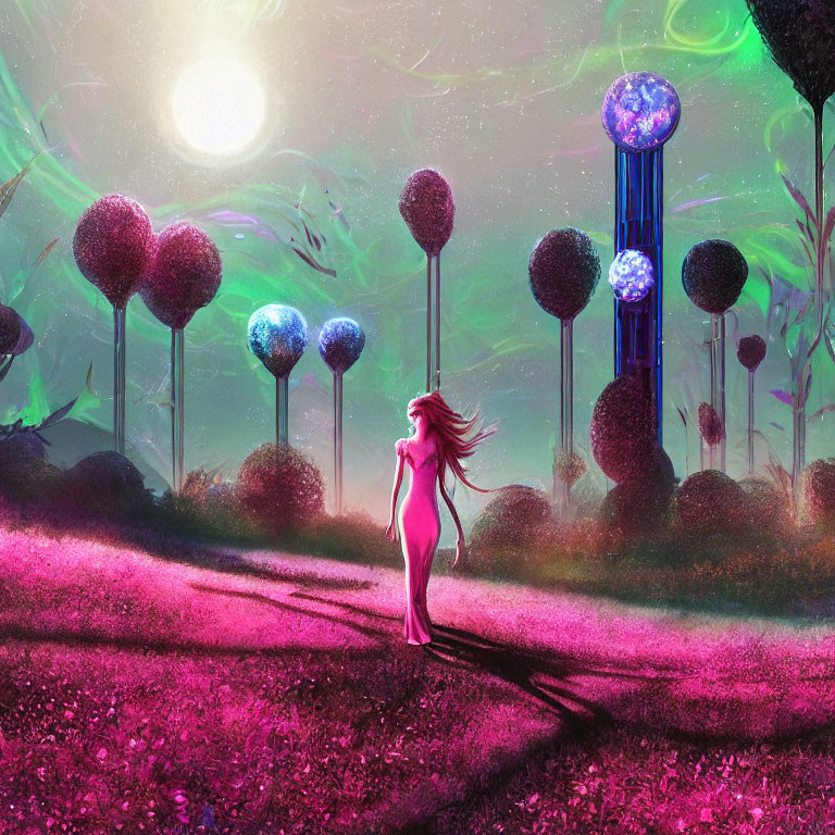 Pink-haired girl walks in magical forest under green aurora-lit sky