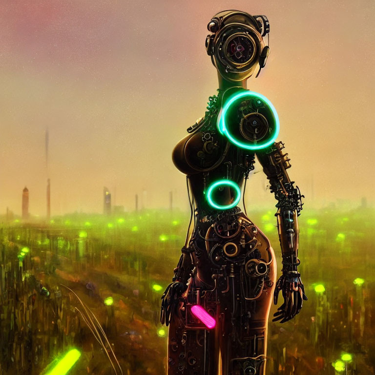 Futuristic robot with glowing green parts in dystopian cityscape.