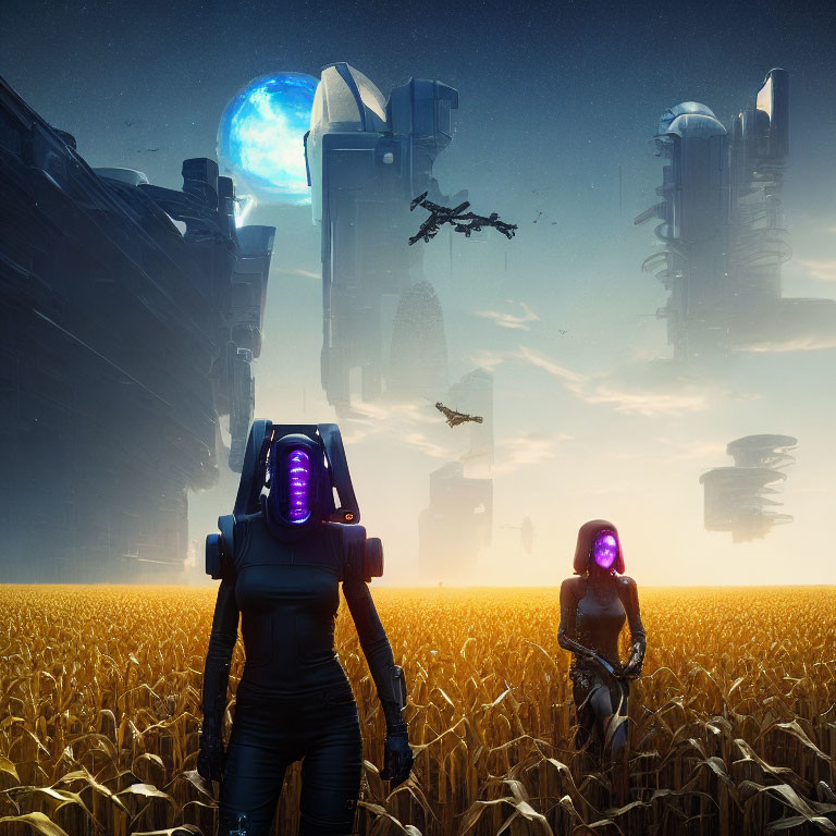 Futuristic figures with glowing masks in golden field with alien structures and blue planet
