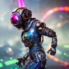 Futuristic robot with purple glowing eyes in sci-fi cityscape