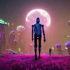 Humanoid Robot in Vibrant Alien Landscape with Glowing Plants and Spaceships