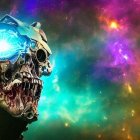 Detailed Robotic Skull with Glowing Blue Eyes on Colorful Background