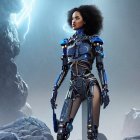 Female android with cybernetic enhancements in futuristic landscape.