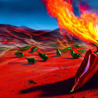 Vibrant red chili pepper with flames, green chilis, and mountain backdrop