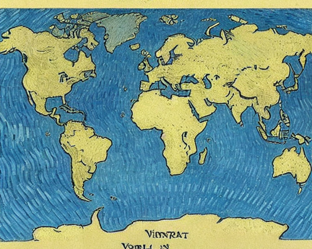 Vintage-style world map with distorted landmasses and decorative text