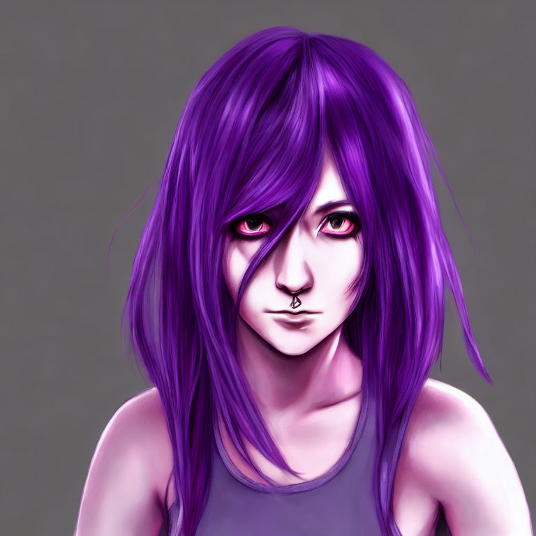 Vibrant purple hair and piercing red eyes in digital artwork