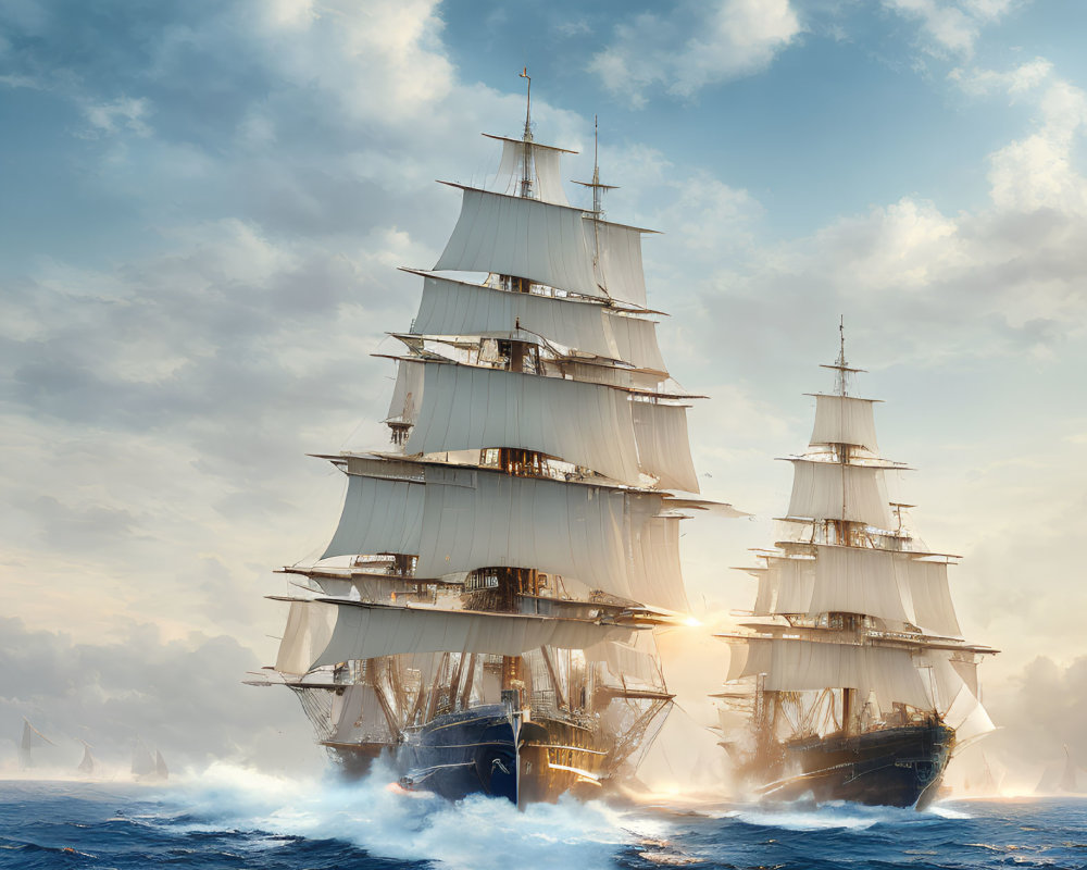 Two majestic tall ships sailing on sunlit ocean with billowing sails.