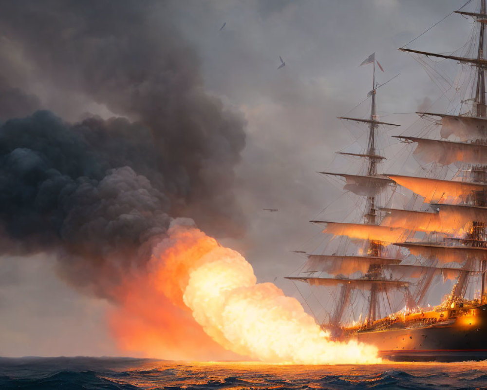 Sailing ship engulfed in explosion at sea amid stormy sky