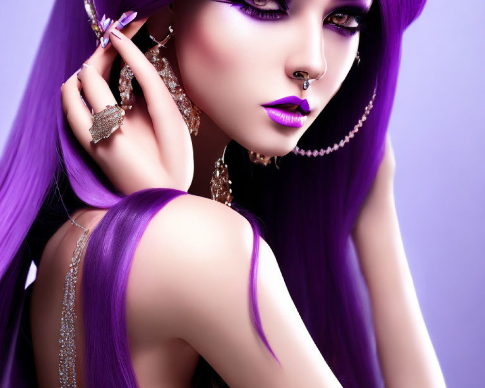 Vibrant digital artwork featuring person with purple hair and bold makeup