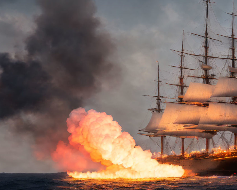 Sailing ship near explosion with flames and smoke at dusk