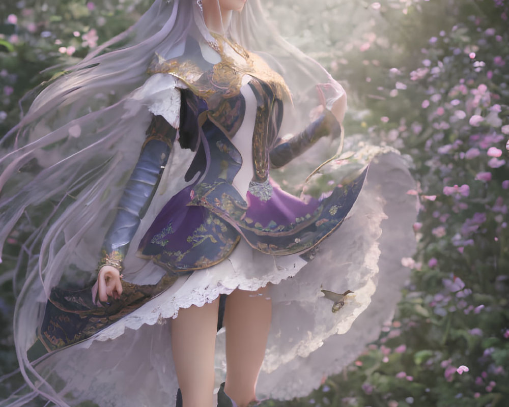 Medieval-inspired fantasy woman in elegant dress with crown in mystical forest