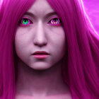 Vibrant pink hair and green eyes on magenta background