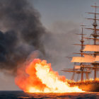 Sailing ship near explosion with flames and smoke at dusk