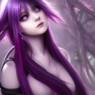 Digital artwork: Female anime character with purple hair and eyes in forest setting