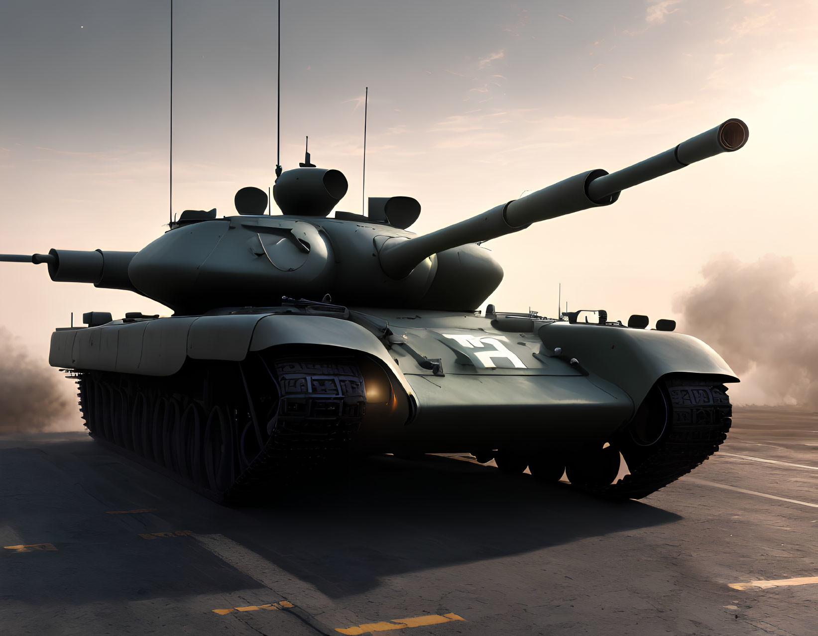 Modern Battle Tank at Dusk with Dramatic Lighting