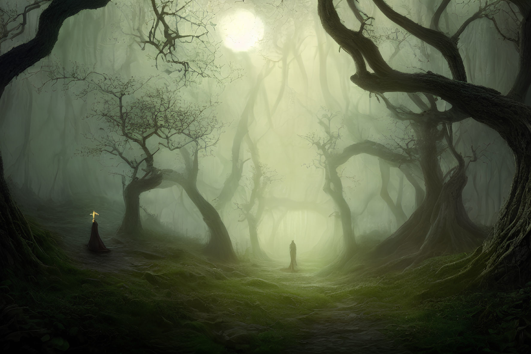 Ethereal forest scene with twisted trees, glowing orb, and cloaked figure