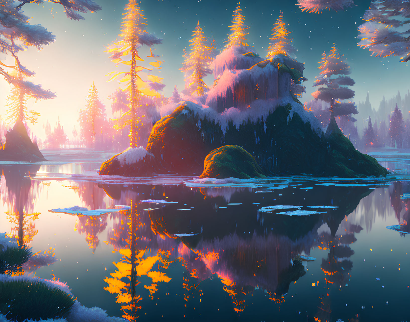 Tranquil snow-capped island in reflective lake at twilight