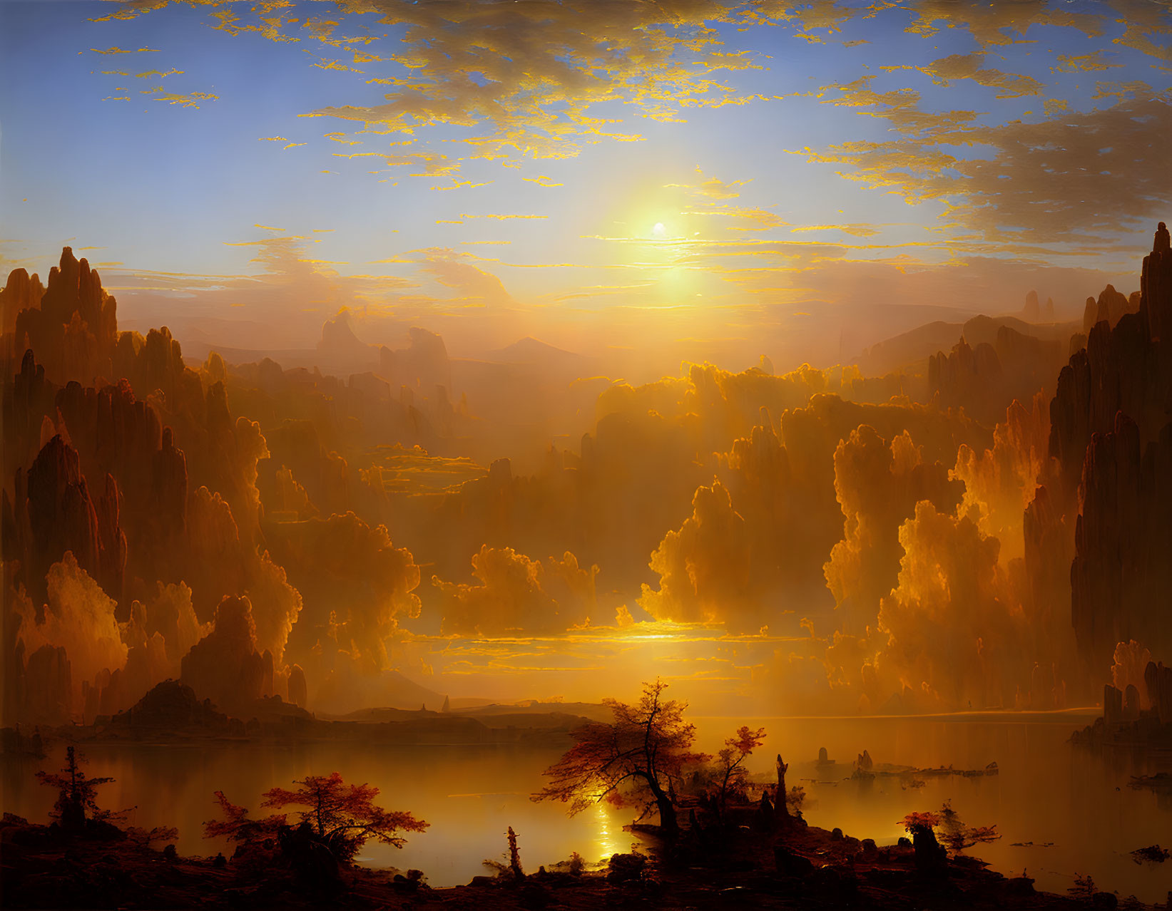 Golden sunrise over tranquil lake with towering cliffs and silhouetted figures