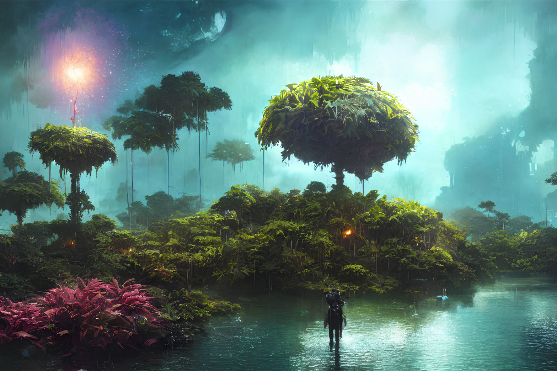 Mystical forest with oversized flora, bioluminescent plants, and figure by tranquil river under