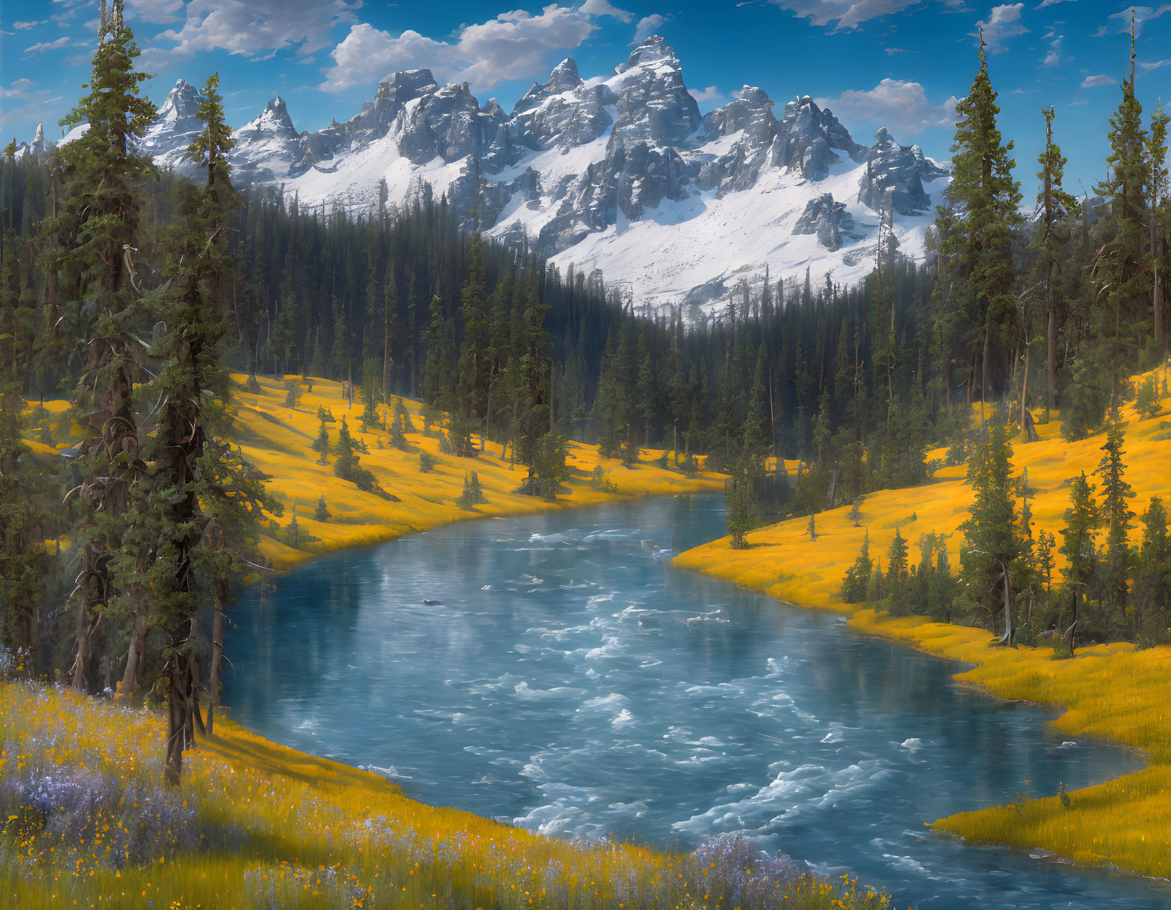 Vibrant blue river in meadow with wildflowers, pine trees, and snow-capped mountains