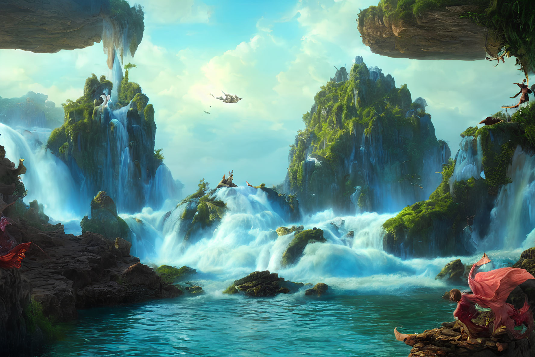 Fantastical landscape with waterfalls, floating islands, dragon, and mystical setting.