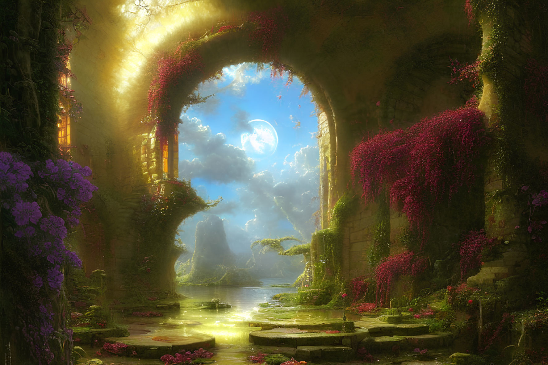 Tranquil Fantasy Landscape with Overgrown Archway and Moonlit Sky