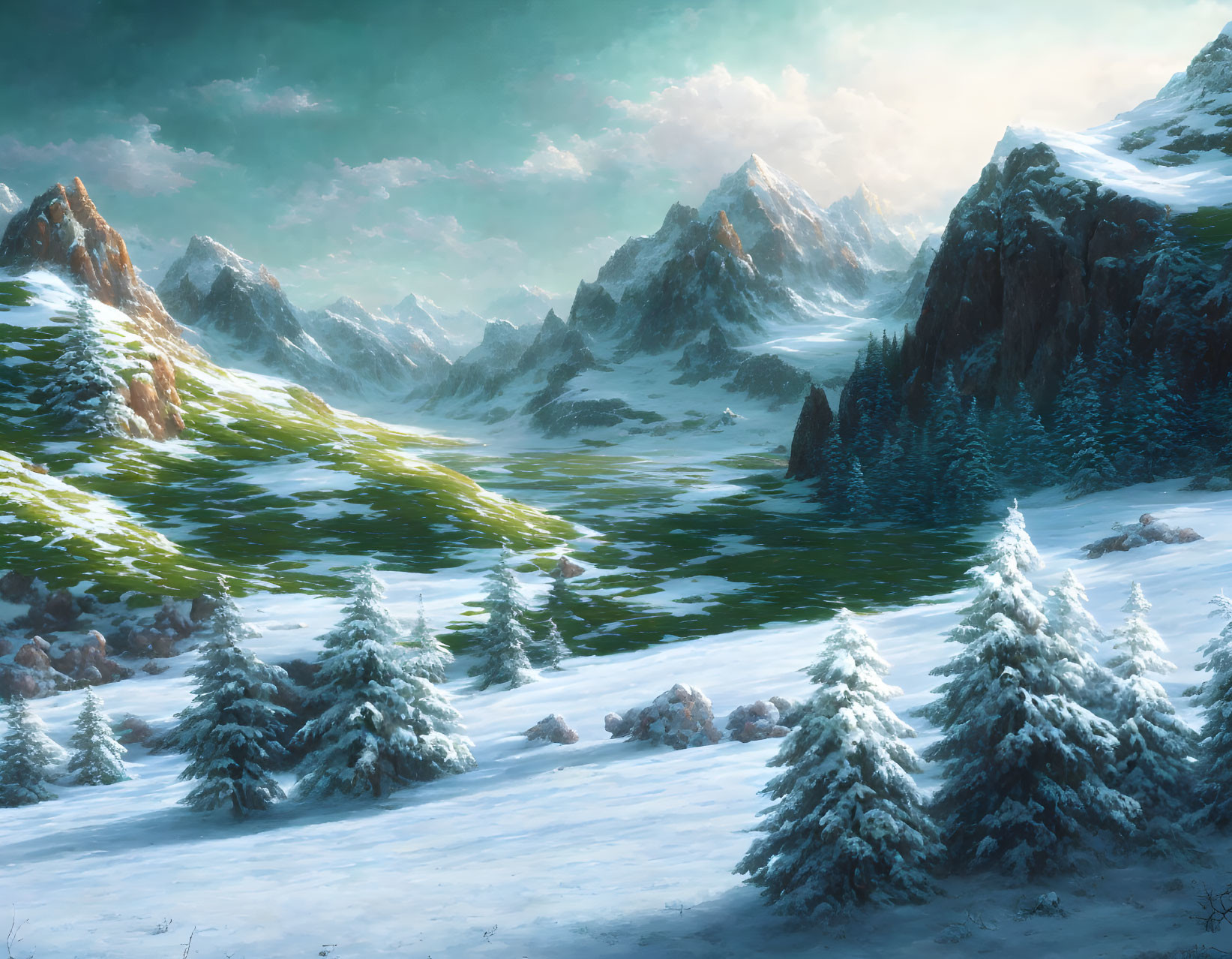 Snowy Landscape with Pine Trees, Melting Snow, and Majestic Mountains