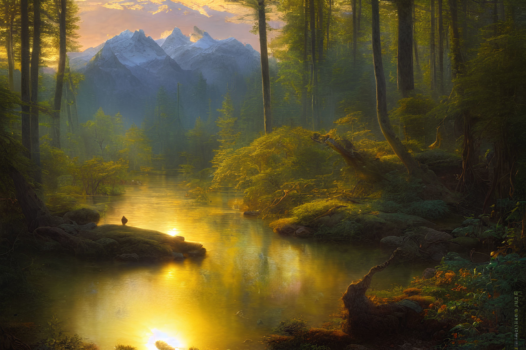 Tranquil Sunrise Scene: Forest, River, Deer, Mountains
