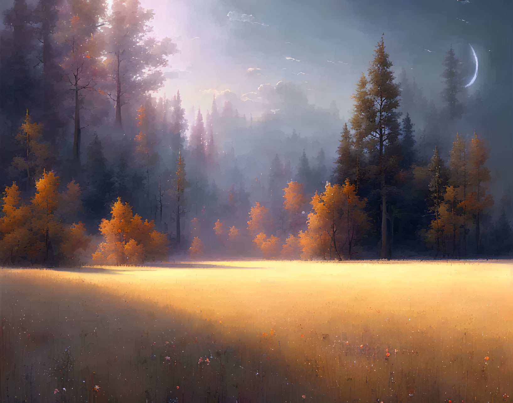Serene forest clearing at dusk with golden trees, soft grass glow, and crescent moon