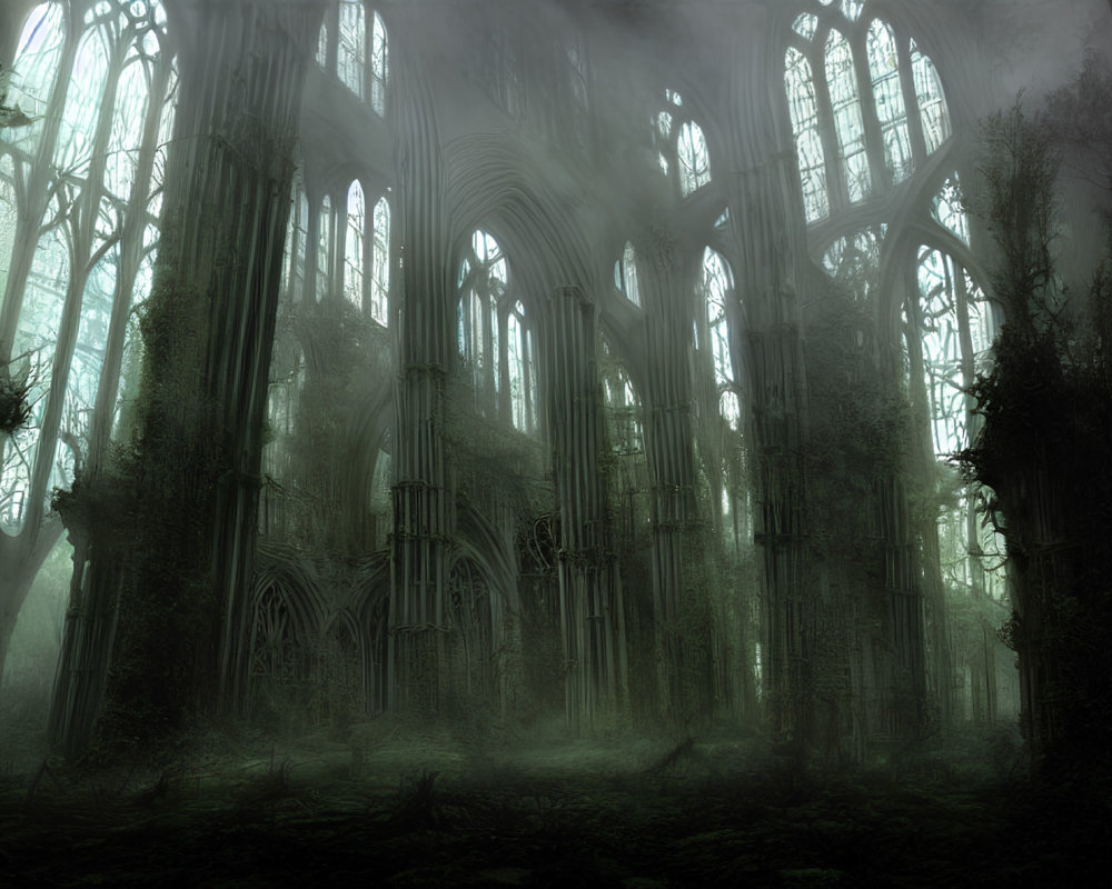 Abandoned Gothic cathedral in foggy forest landscape