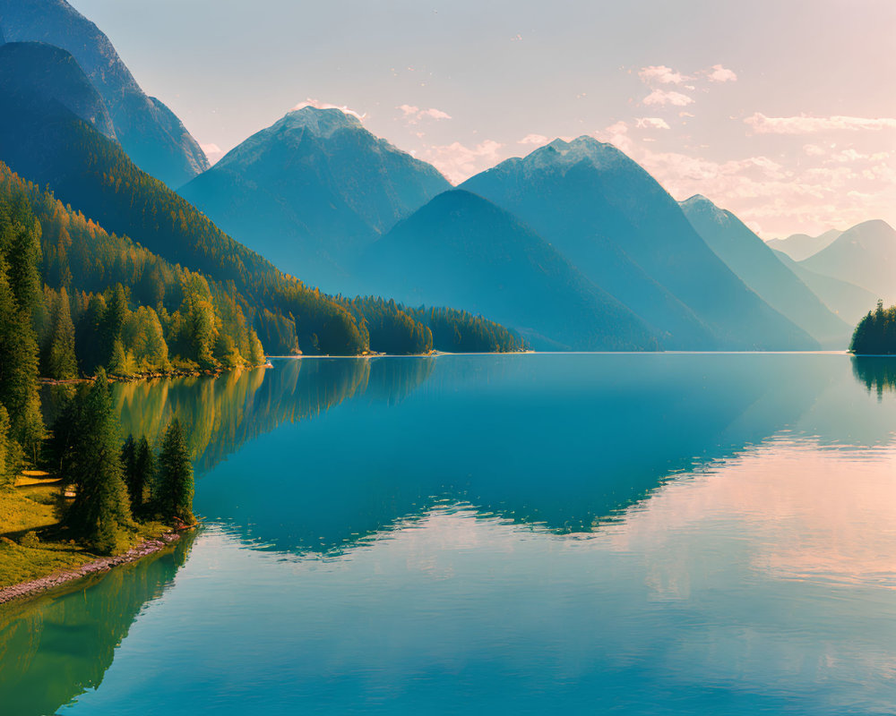 Serene lake with reflections of green trees and mountains under golden sky