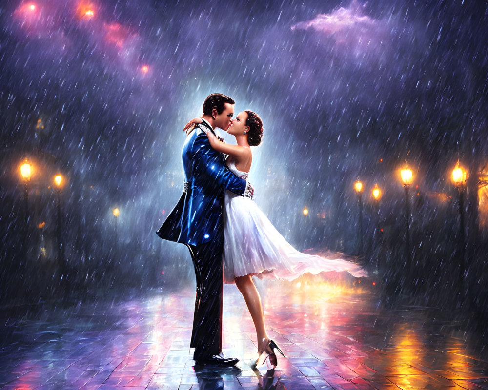 Romantic couple dancing in rain-soaked street at night