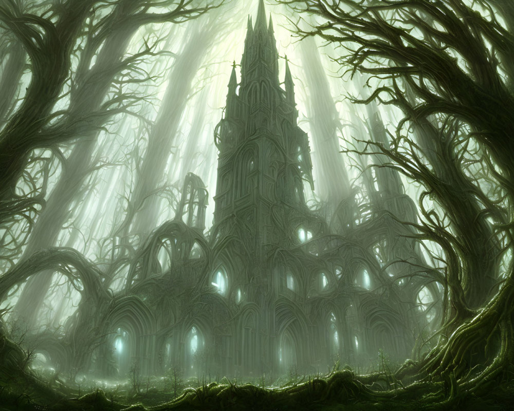 Ethereal gothic cathedral in misty forest with twisted trees