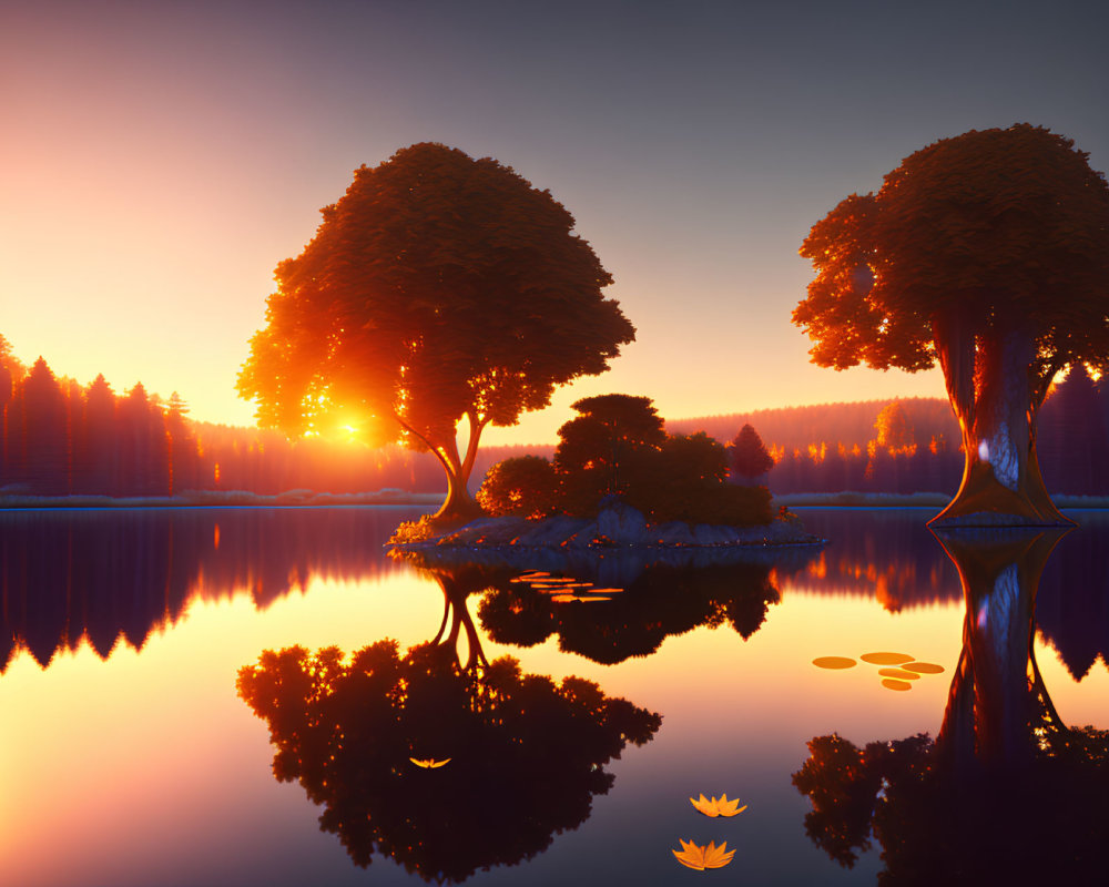 Tranquil Sunset Scene with Trees on Island and Floating Leaves