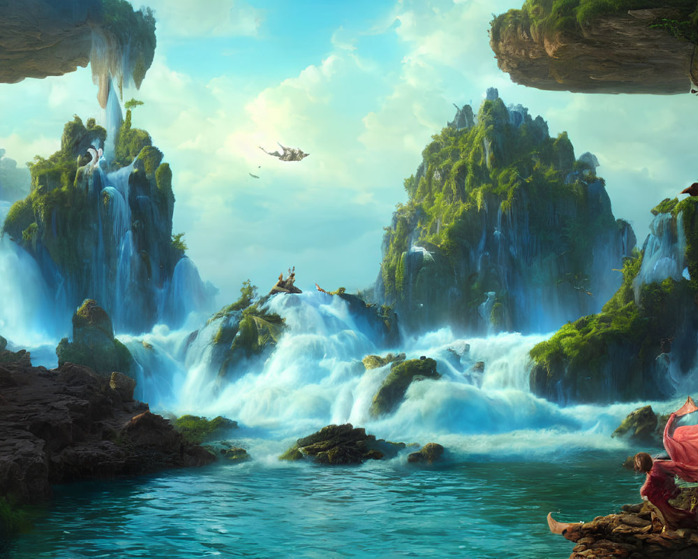 Fantastical landscape with waterfalls, floating islands, dragon, and mystical setting.